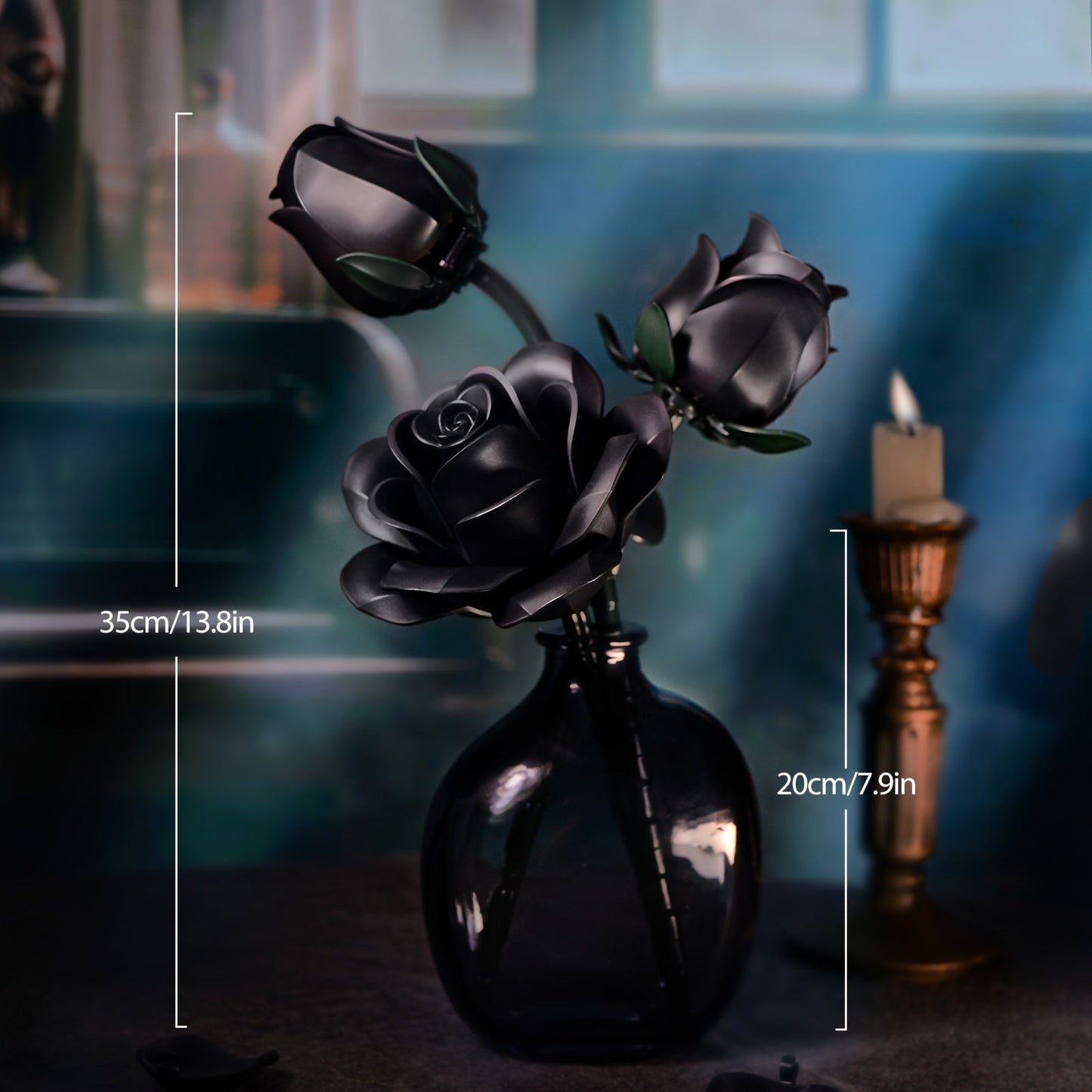 Gothic Black Rose 3D Building Brick Set 152 Pieces Artificial Flower Bouquet Display Model Kit Three Black Roses Unique Gift for Adults Teens Valentine Birthday Halloween Christmas