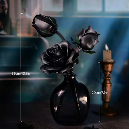 Gothic Black Rose 3D Building Brick Set 152 Pieces Artificial Flower Bouquet Display Model Kit Three Black Roses Unique Gift for Adults Teens Valentine Birthday Halloween Christmas