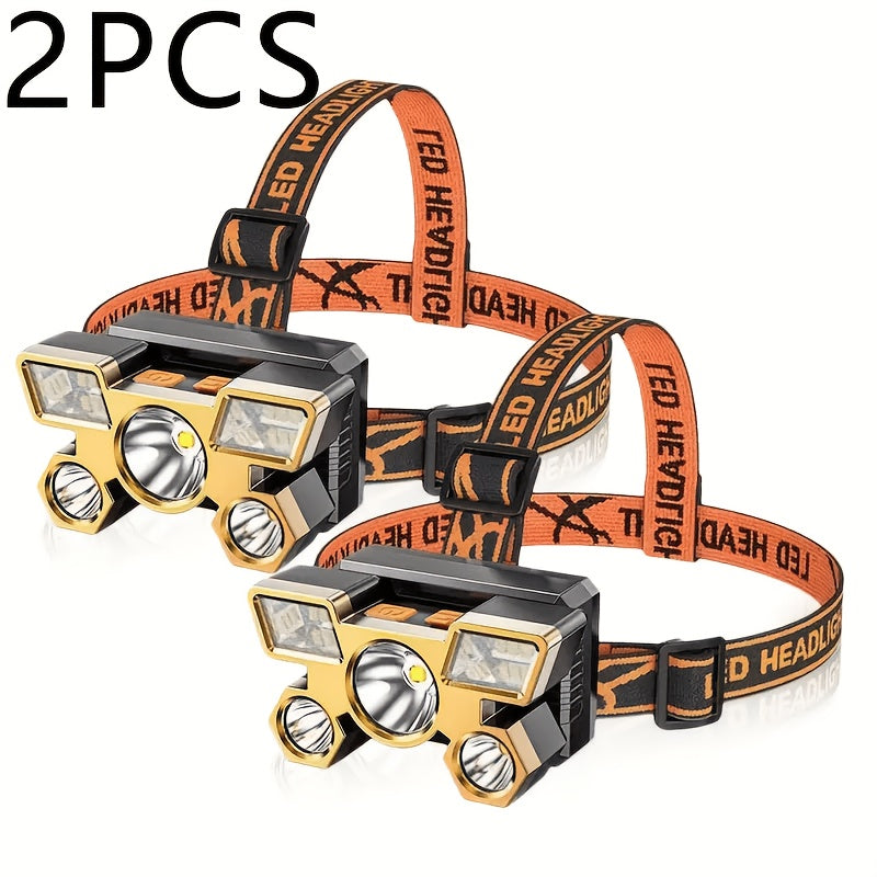 2 Pack Rechargeable LED Headlamp USB Charging 5 LEDs 4 Modes IP44 Waterproof with Adjustable Strap, Hands-Free Headlight for Camping Hiking Running Fishing Night Work - 2 Headlamps Included