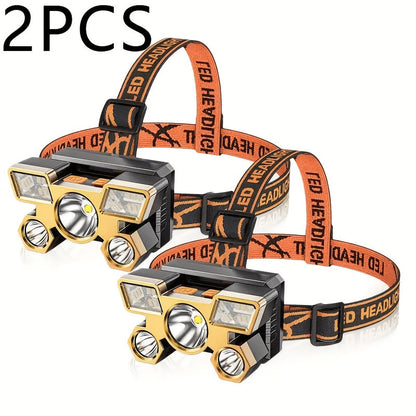2 Pack Rechargeable LED Headlamp USB Charging 5 LEDs 4 Modes IP44 Waterproof with Adjustable Strap, Hands-Free Headlight for Camping Hiking Running Fishing Night Work - 2 Headlamps Included