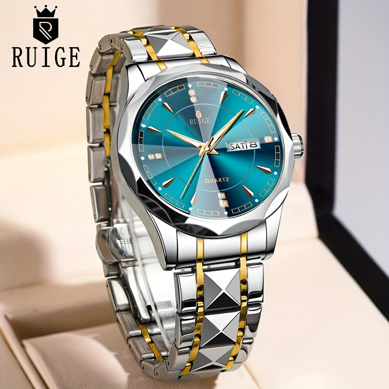 Men's Luxury Quartz Chronograph Watch – Luminous Blue Dial, Stainless Steel Case & Strap, Calendar Date Display, Elegant Business Dress Watch Gift for Him