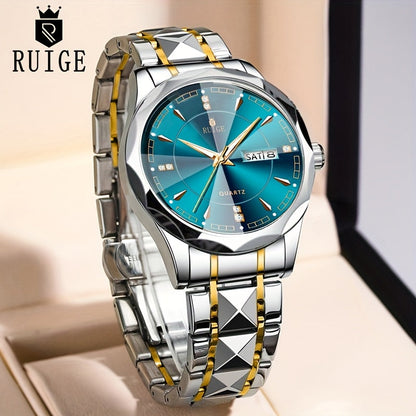 Men's Luxury Quartz Chronograph Watch – Luminous Blue Dial, Stainless Steel Case & Strap, Calendar Date Display, Elegant Business Dress Watch Gift for Him
