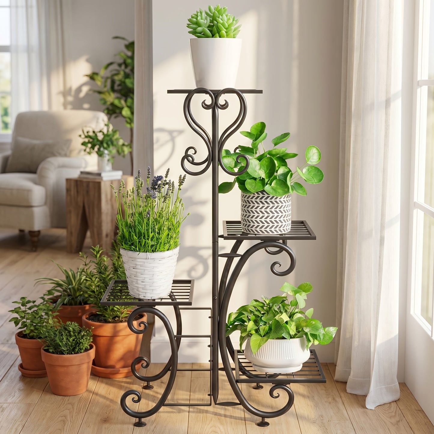 4 Tier Metal Plant Stand Indoor Outdoor Wrought Iron Corner Flower Pot Holder Display Rack Organizer for Garden Patio Balcony Lawn Office Planter Shelf Black