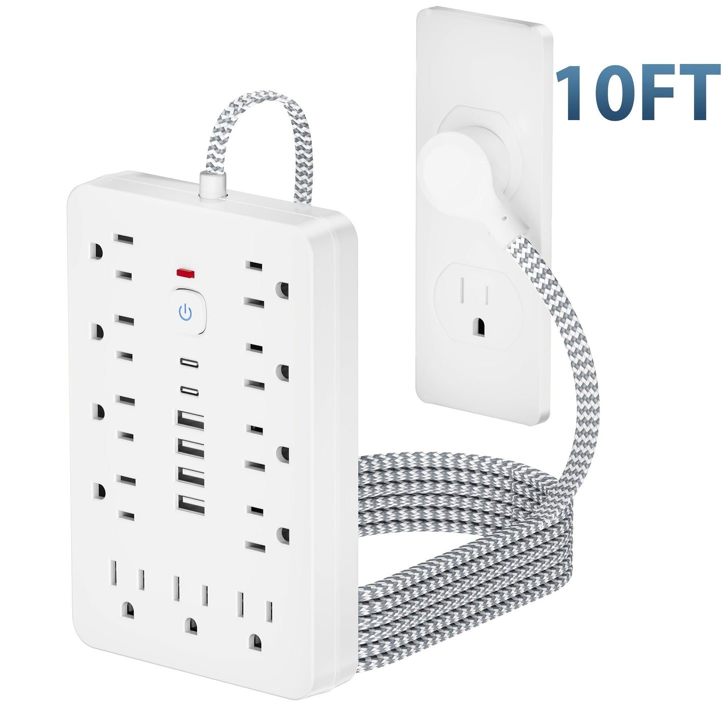 Surge Protector Power Strip 11 AC Outlets | 4 USB-A & 2 USB-C Ports, Overload Protection, Short/5FT/10FT Extension Cord – Multi-Outlet Power Socket for Home, Office, Desk & School – White & Black