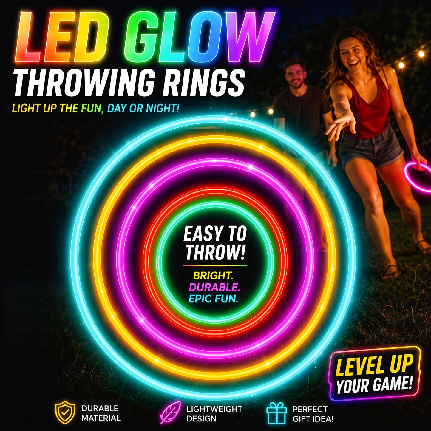 LED Ring Toss Game Set with Multi-Color Glow Lights – Multiplayer Interactive Outdoor Lawn Game for Day & Night Play, Family Gatherings, Backyard Parties, Kids & Adults, Birthday & Holiday Gift