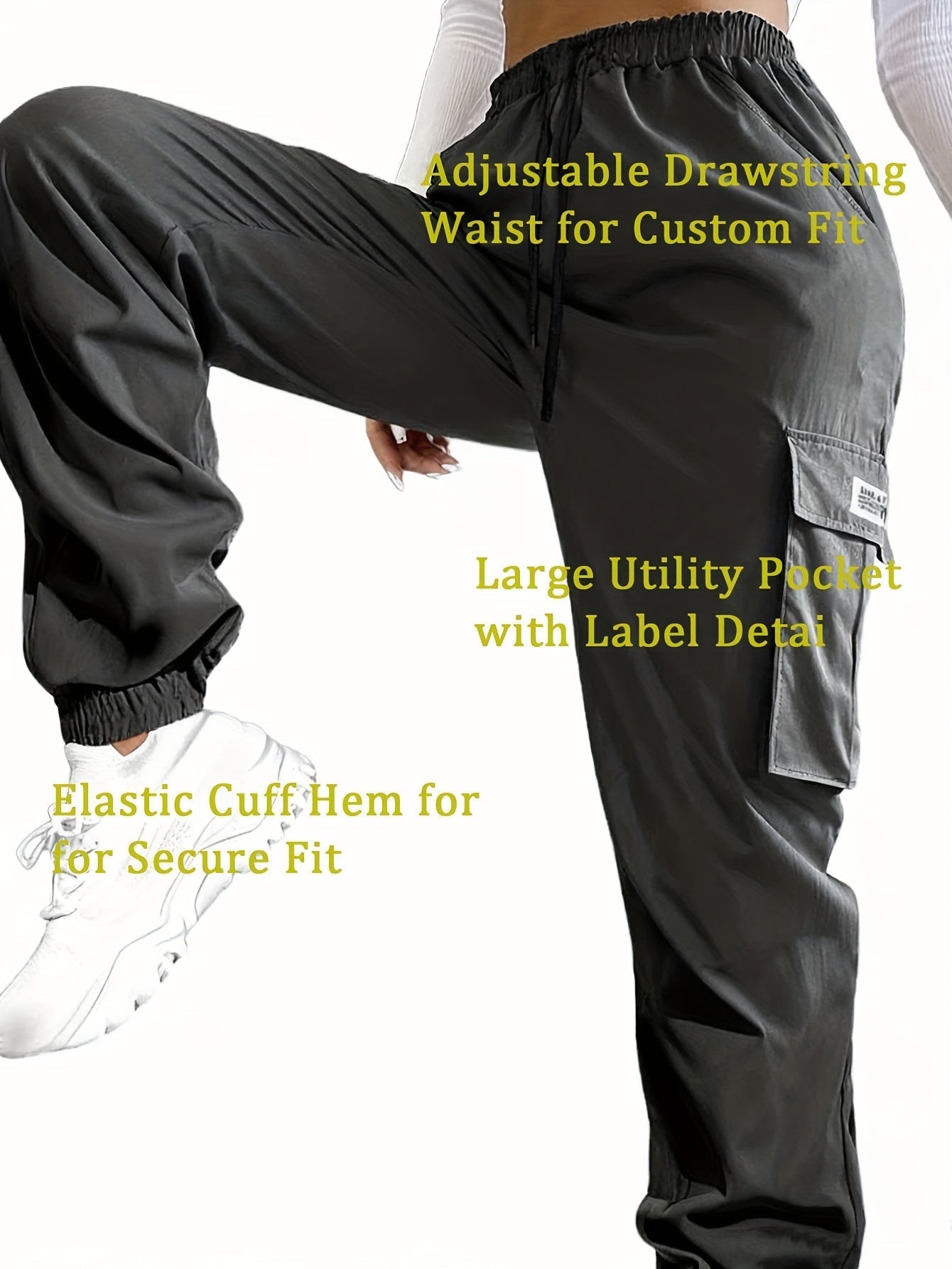 Women's Cargo Pants with Zippered Pockets – Elastic Drawstring Waist Large Pocket Casual Outdoor Trousers Black Grey Green Blue XS-XXL