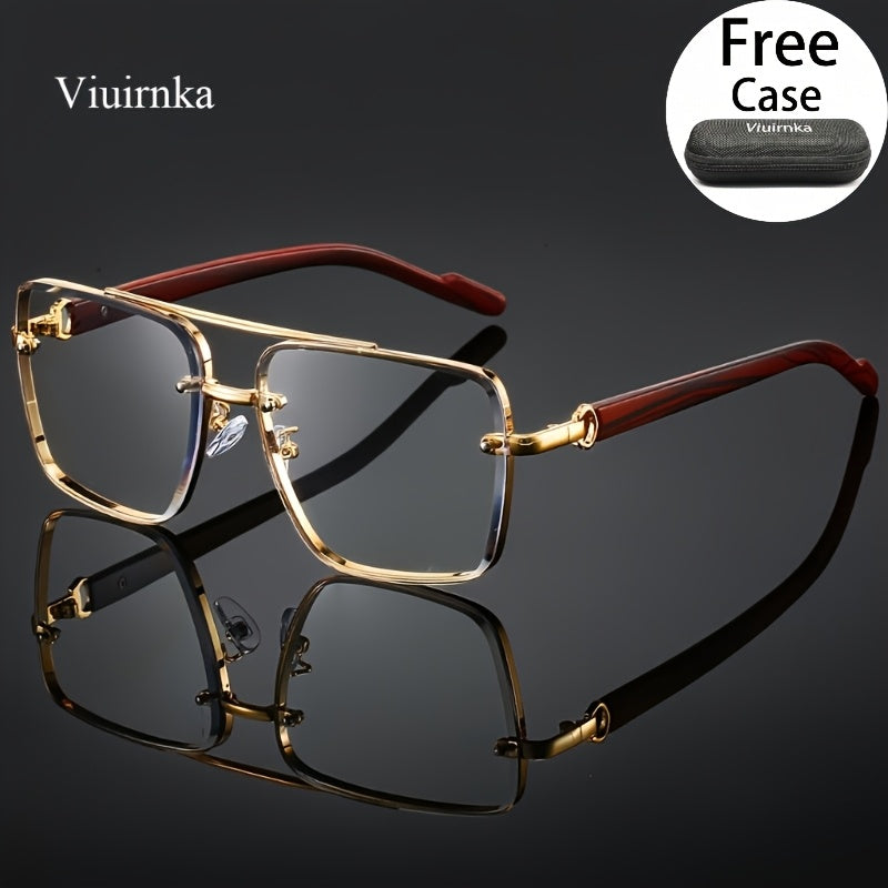 Square Retro Sunglasses for Men and Women Wood Grain Double Beam Design UV Protection Fashion Eyewear with Case for Driving Travel Beach Street Photography Holiday Gift 7 Color Options