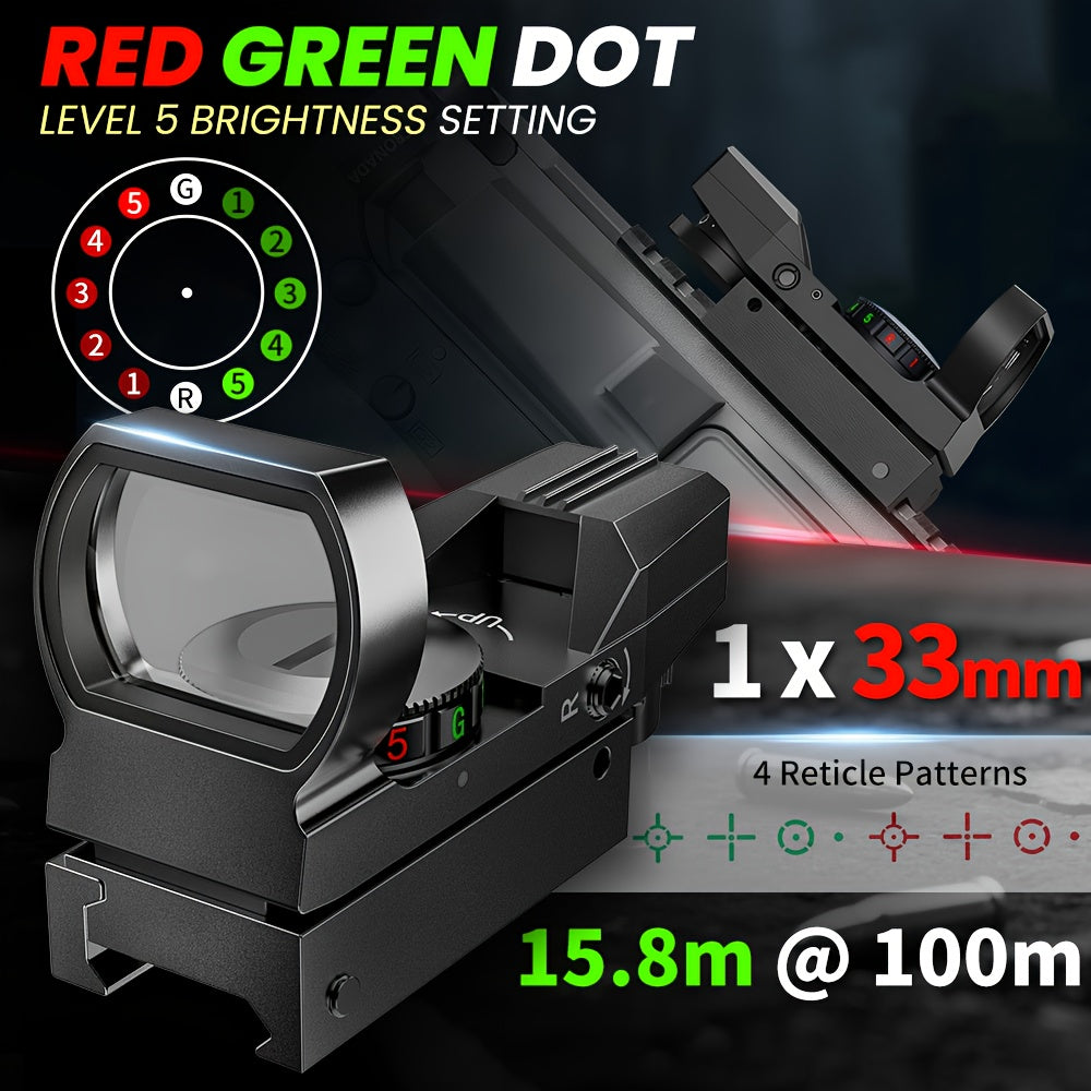 33mm Red Green Dot Sight – 4 Reticle Modes, 5 Brightness Settings, Parallax-Free Ultralight Rail Mount Scope for Rifles Shotguns Carbines, Hunting Target Shooting Tactical Use, CR2032 Battery Included