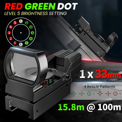 33mm Red Green Dot Sight – 4 Reticle Modes, 5 Brightness Settings, Parallax-Free Ultralight Rail Mount Scope for Rifles Shotguns Carbines, Hunting Target Shooting Tactical Use, CR2032 Battery Included