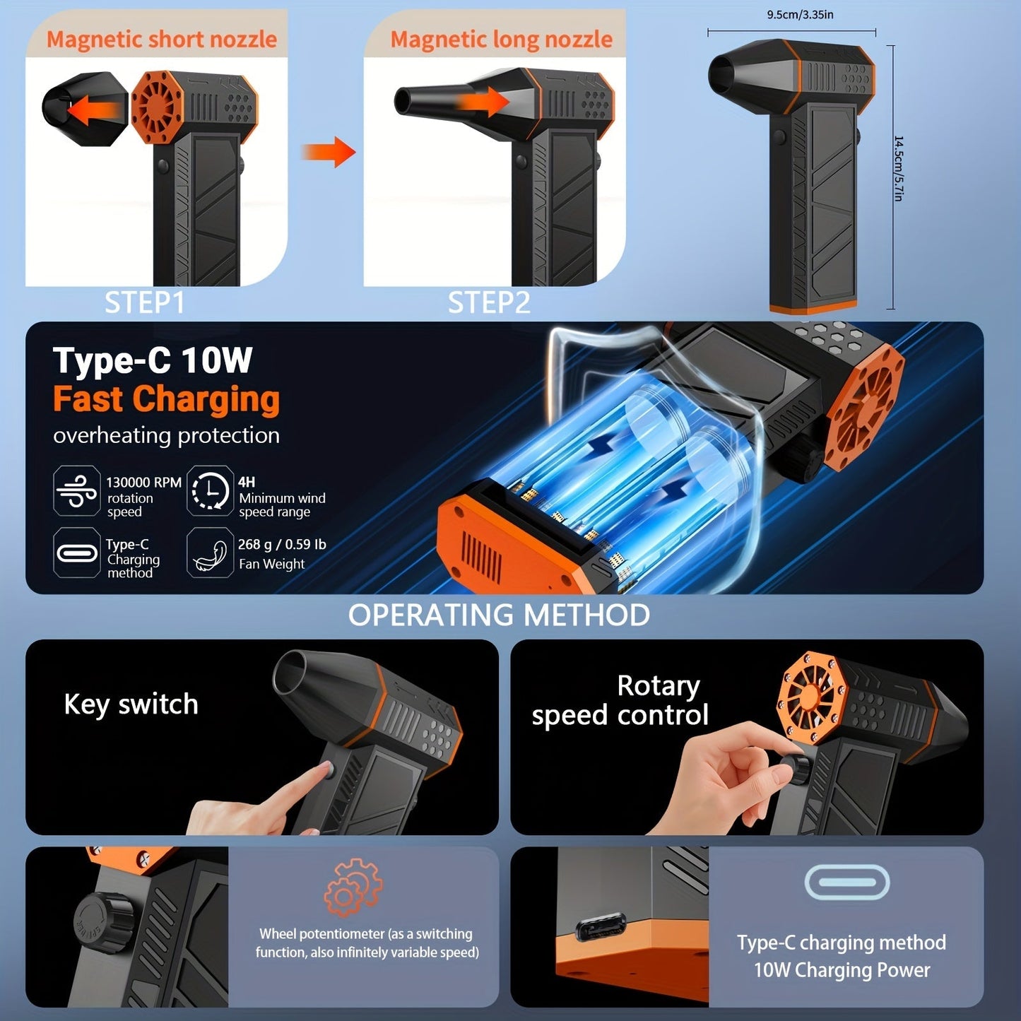 Electric Air Duster 130,000 RPM Cordless Rechargeable | 3-Speed Turbine Fan Air Blower for Keyboard, Computer, Car Interior & Home – Replaces Compressed Air Cans – Black & Orange