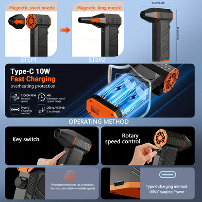 Electric Air Duster 130,000 RPM Cordless Rechargeable | 3-Speed Turbine Fan Air Blower for Keyboard, Computer, Car Interior & Home – Replaces Compressed Air Cans – Black & Orange