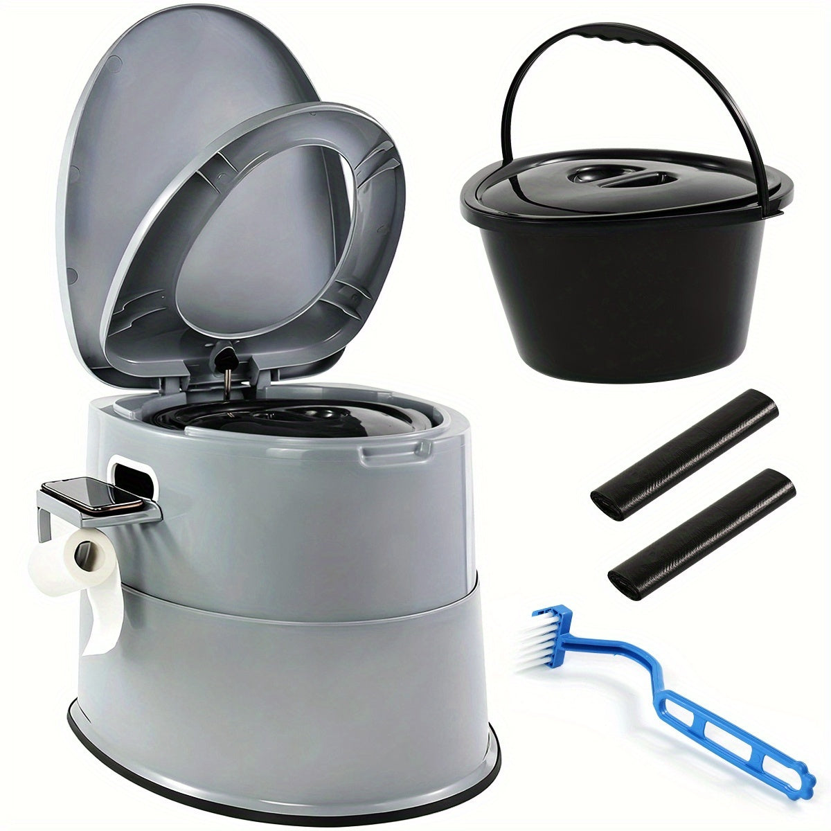 Portable Toilet for Adults Extra Large Indoor Outdoor Camping Commode with Detachable Inner Bucket & Removable Paper Holder – Lightweight Compact for Camping, RV, Boat, Van & Emergency Use (Gray/Black)