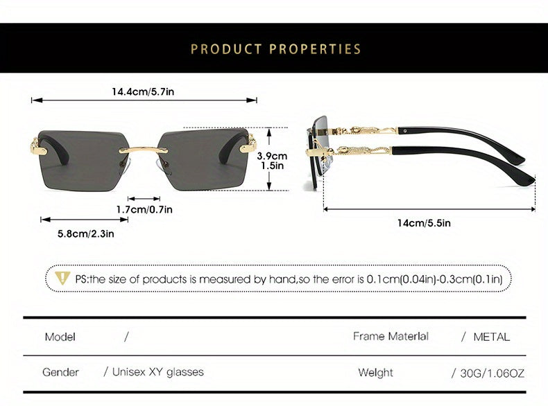 Unisex Rimless Leopard Sunglasses - UV400 Narrow Rectangular Frameless Shades in Black & Gold, Premium Fashion Eyewear for Men & Women, Includes Case & Cloth, Great for Parties Travel & Festivals