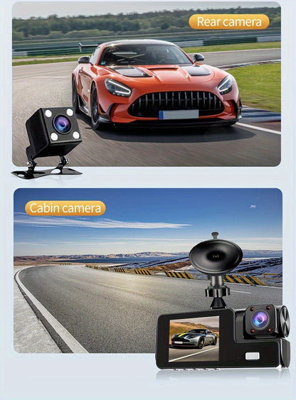 3 Channel Dash Cam 4K Front + 4K Interior + 1080P Rear with Free 32GB Card, Night Vision, G-Sensor, Wide Angle, Real-Time Recording & Parking Monitor – Velora