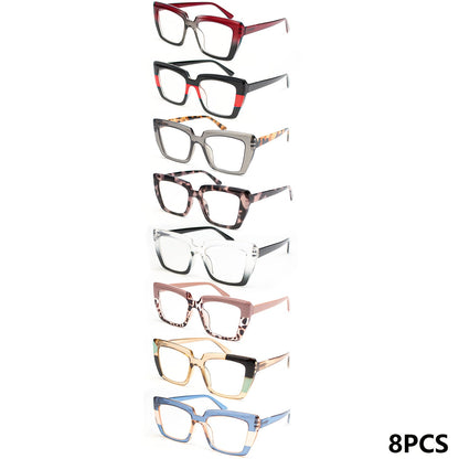 8-Pack Retro Rectangular Reading Glasses for Women Color Clash Design Spring Hinges Comfortable Fit Party Holiday Halloween Christmas Gift +100 to +400