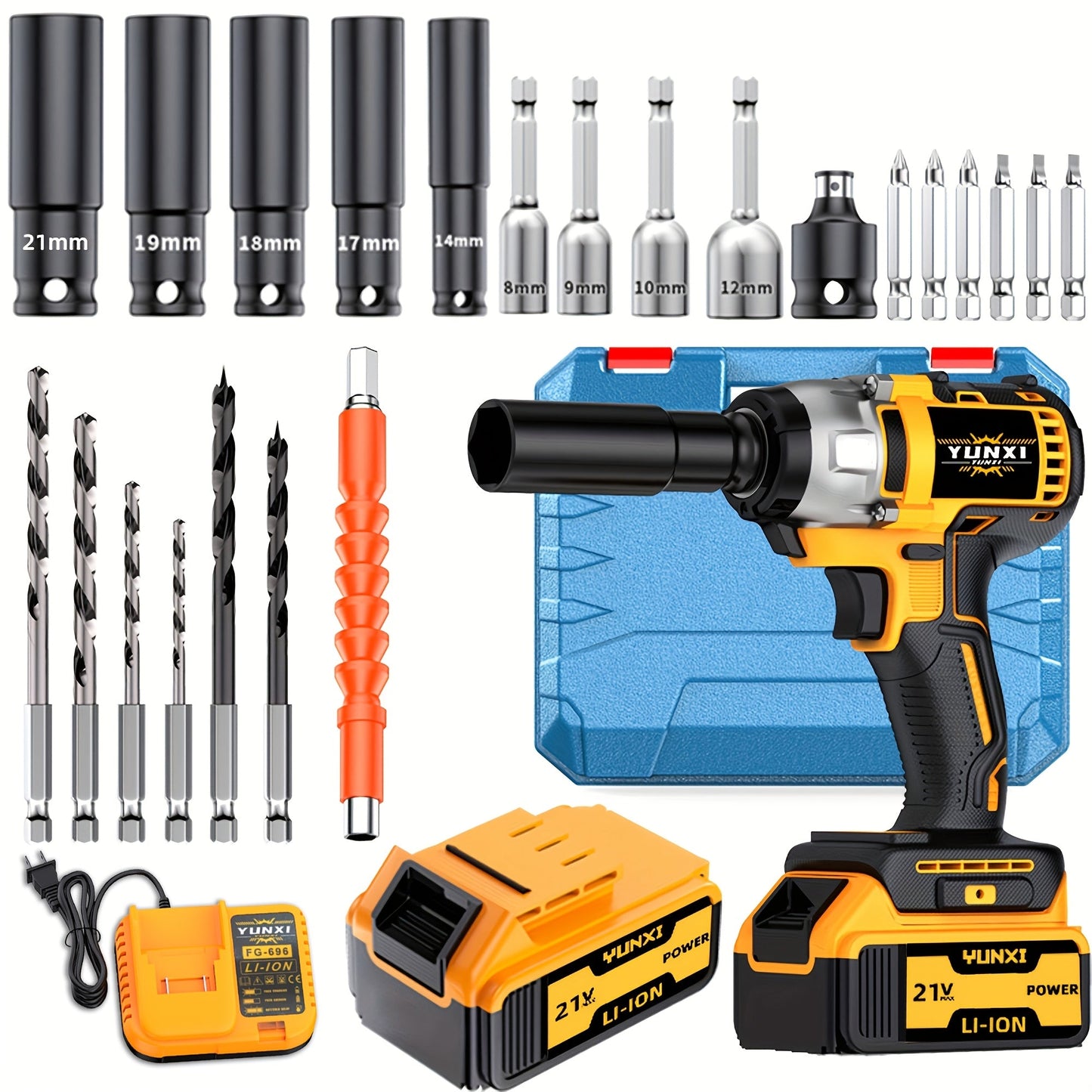 21V Brushless Cordless Impact Wrench & Drill Set – 4000mAh Li-ion Battery, Toolbox, Charger & Socket Accessories for Automotive, Home & Industrial Use