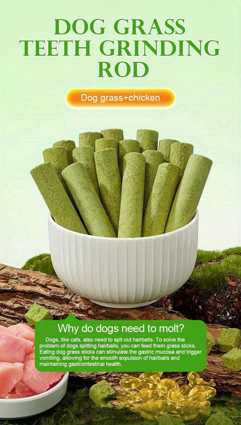 15pcs Dog Grass Stick Chews – Natural Teeth Cleaning Chewable Treats, Breath Freshener, High Fiber Digestive Health Snack Made with Grass & Meat – Healthy Dog Treat for All Breeds
