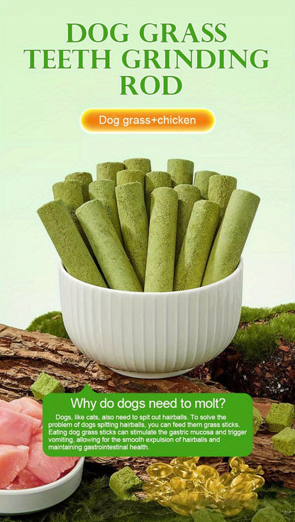 15pcs Dog Grass Stick Chews – Natural Teeth Cleaning Chewable Treats, Breath Freshener, High Fiber Digestive Health Snack Made with Grass & Meat – Healthy Dog Treat for All Breeds
