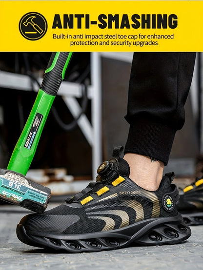 Men's Steel Toe Safety Shoes Wide Width Puncture-Proof with Rotating Buckle – Non-Slip Cushioned Work Boots for Construction, Industrial & Warehouse, Sizes US 6.5–13.5