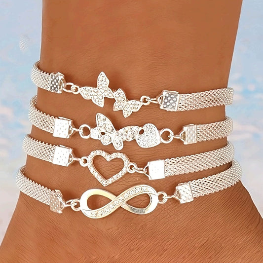 925 Silver Butterfly Infinity Anklet Set 4pcs – Stackable Foot Chain Bracelet for Women, Elegant Summer Jewelry, Mother's Day & Birthday Gift