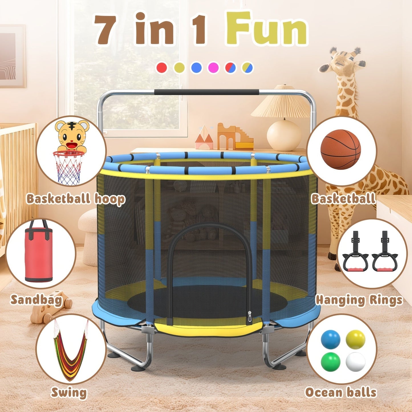 Kids & Adults Trampoline with Safety Enclosure Net Multi-Functional Leisure Sports Trampoline Indoor Outdoor Backyard Jumping Mat 6 Color Options Fun Exercise Equipment for Family
