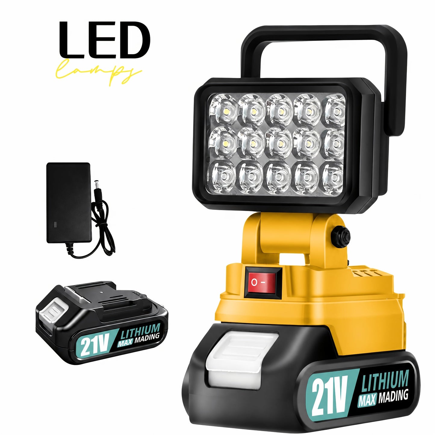 LED Work Light Compatible with Makita 21V Battery – High Brightness Portable Camping Lantern Flashlight, IP4X Waterproof, Smart Battery Protection, Emergency Light for Power Outage, Hurricane & Hiking, Black Yellow Blue