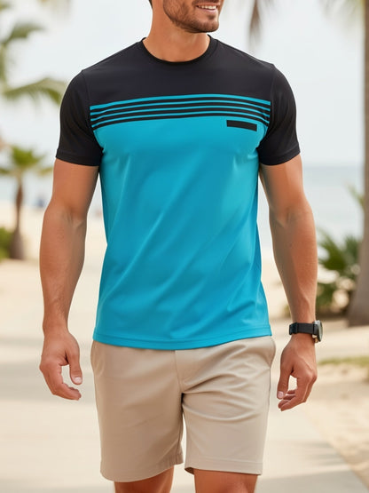 3-Pack Men's Moisture-Wicking Breathable T-Shirts – Vertical Stripe Sleeve Athletic Tees for Gym, Beach, Office & Semi-Formal Wear, Solid Color Round Neck, Machine Washable, Sizes S–XXXL