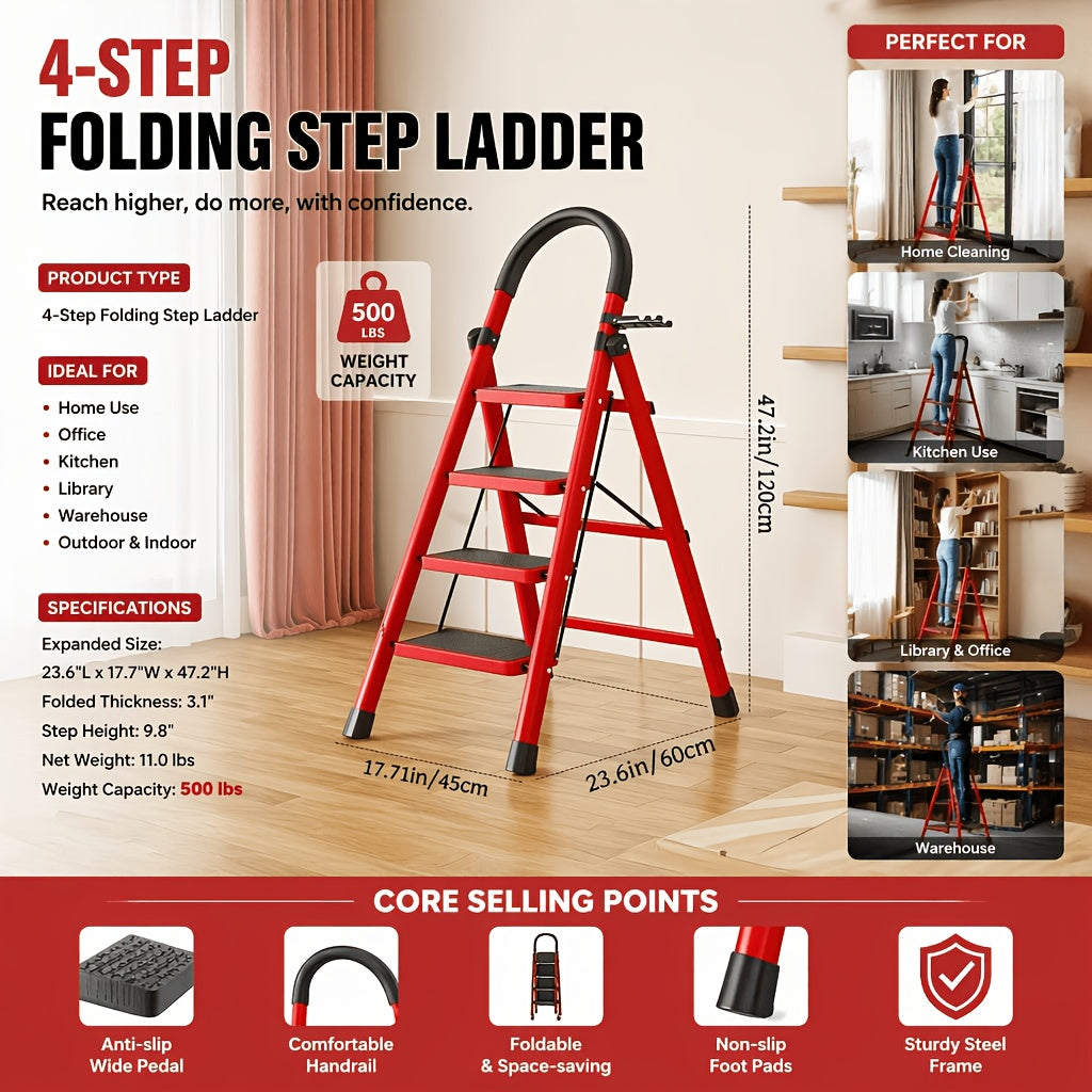 Heavy Duty Folding Step Ladder 500 Lbs Capacity - 2/3/4/5 Step Portable Non-Slip Ladder, Lightweight Durable Plastic, Foldable Step Stool for Home, Kitchen, Office & Industrial Use