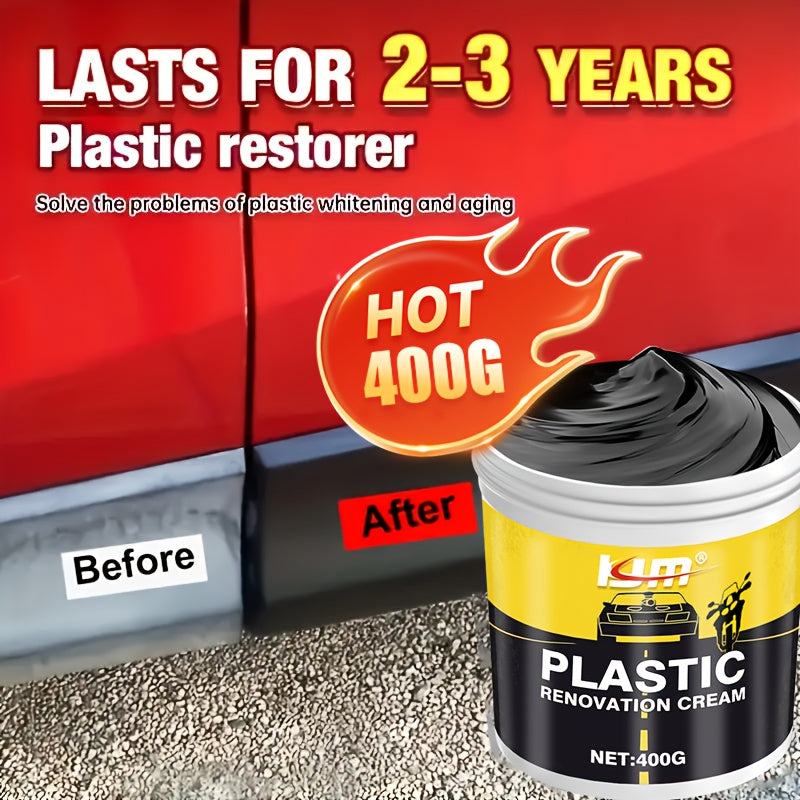 Car Plastic & Rubber Repair Cream All-in-One Trim Restorer Scratch Remover Tire Shine Wax, Anti-Cracking Anti-Aging Formula for Interior Exterior Car Detailing, Includes Sponge