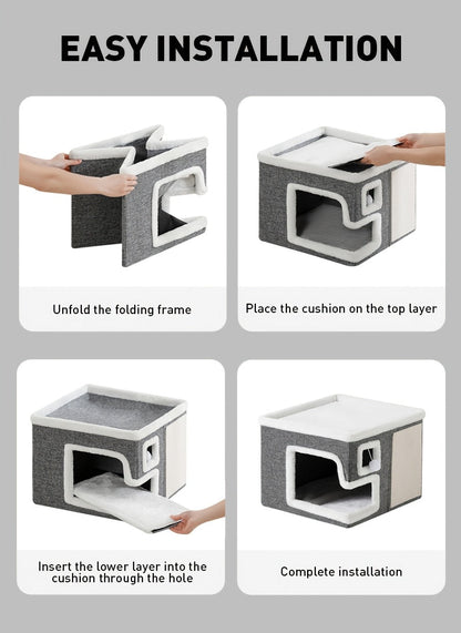 3-in-1 Cat House Indoor Condo – Luxury Wooden Ottoman Style Cat Bed Sleep Play & Scratch, Multi-Cat Friendly Large Cat Cave Hideaway Cube Furniture, Light Gray Standard & Large