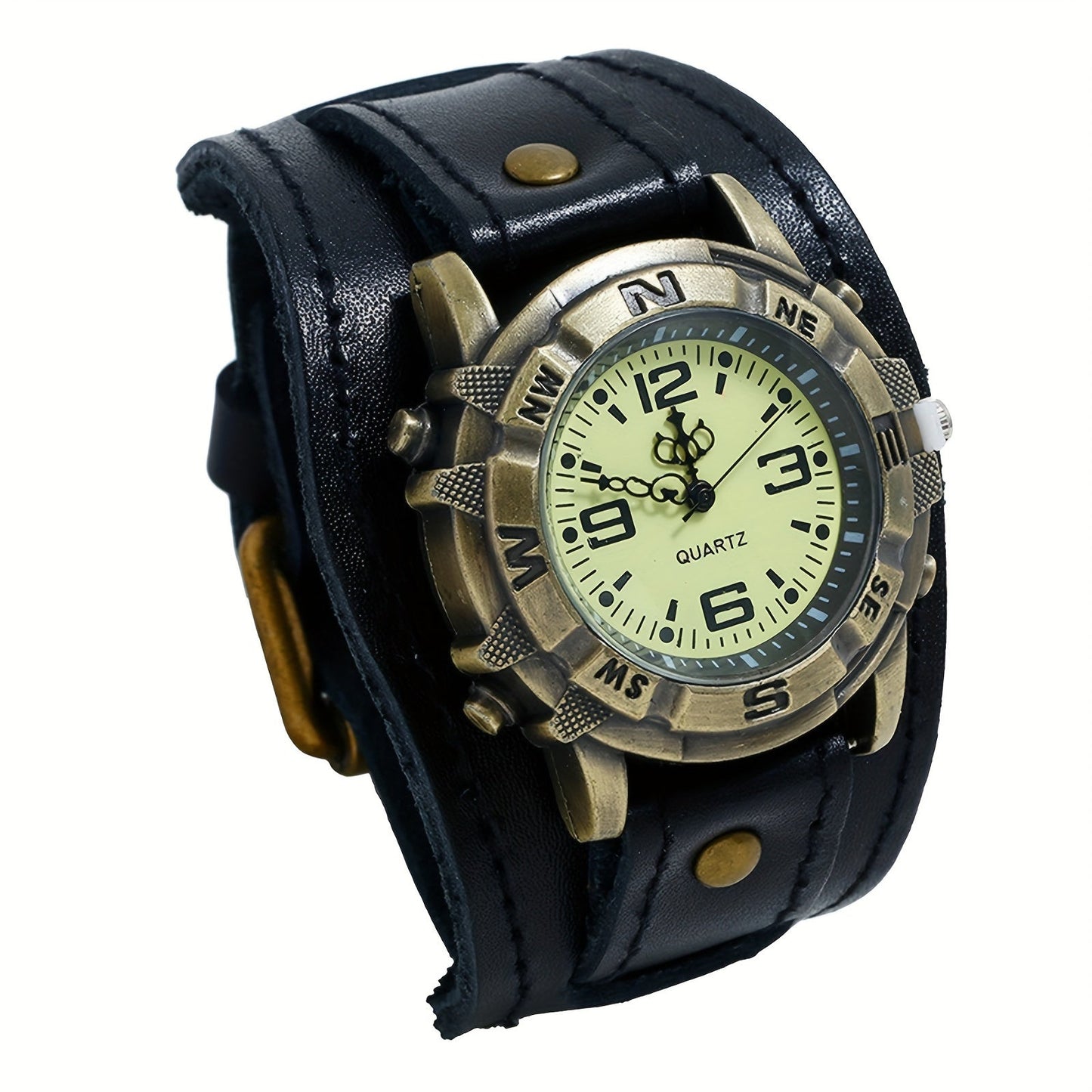 Vintage Steampunk Wide Leather Strap Analog Quartz Watch for Men Women – Unisex Biker Style Round Case, Dark Brown Black Brown, Halloween Christmas Father's Day Gift