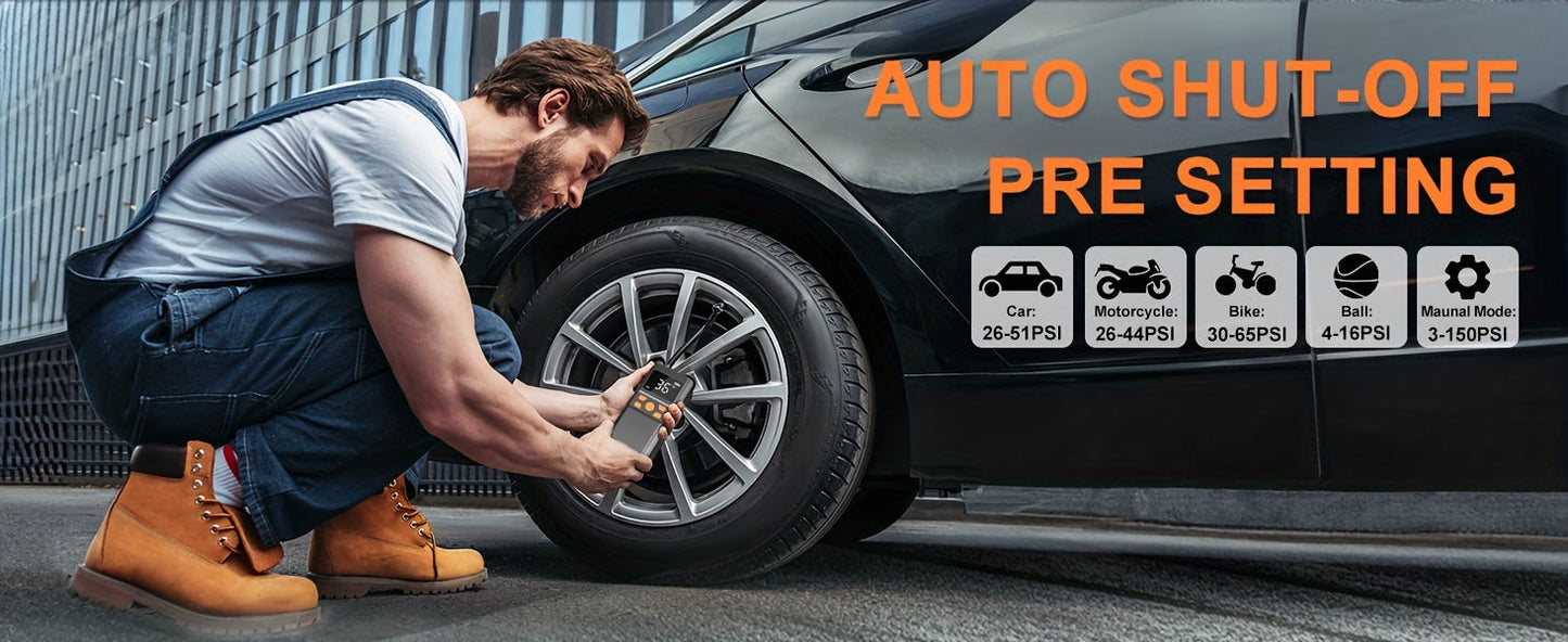 Portable Tire Inflator 150PSI Cordless with 5000mAh Battery, 4+ Inflation Modes, Auto-Stop & LED Light – Digital Gauge Air Compressor for Car, Motorcycle, Bicycle & Sports Balls – Velora