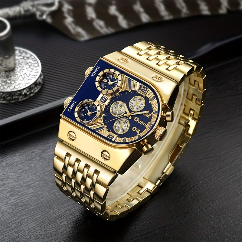 Oulm Men's Multi Time Zone Large Dial Stainless Steel Band Business Quartz Watch Dual Display Black Blue Gift for Him