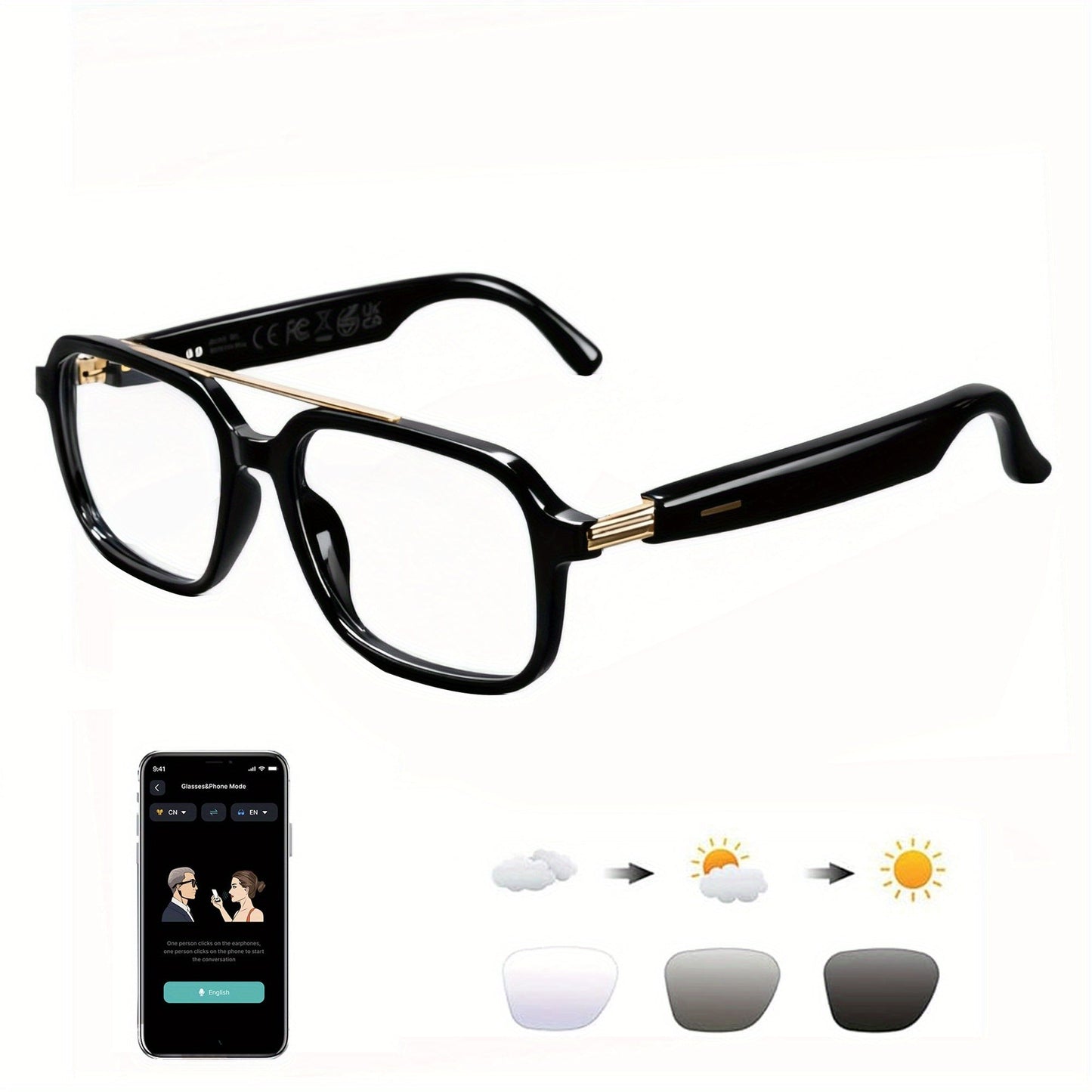 AI Smart Glasses Real-Time Translation 160+ Languages ChatGPT System Bluetooth 5.3 Built-in Mic Speaker – HD Voice Calls HiFi Music Smart Audio Glasses Unisex Men Women