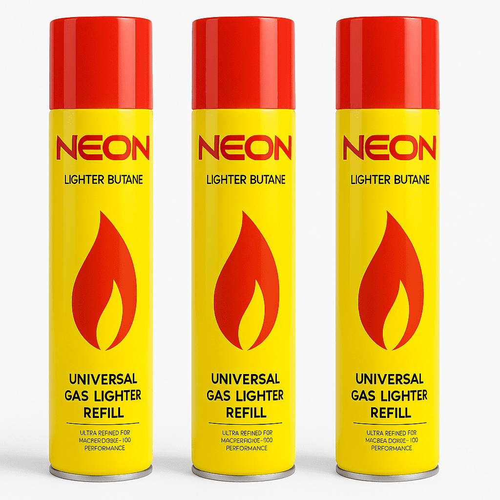 3 Pack NEON Ultra Refined Butane Gas Refill 10.14 oz Cans with 5 Adapter Tips – Universal Lighter Fuel for Refillable Lighters, Torches & Flame Tools – High-Performance Yellow Canisters – Velora