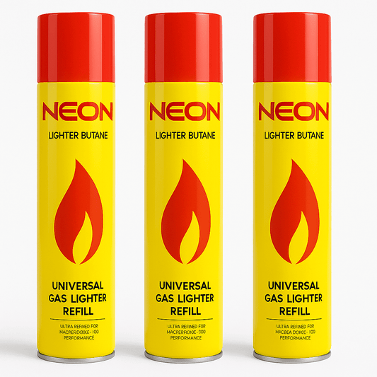 3 Pack NEON Ultra Refined Butane Gas Refill 10.14 oz Cans with 5 Adapter Tips – Universal Lighter Fuel for Refillable Lighters, Torches & Flame Tools – High-Performance Yellow Canisters – Velora