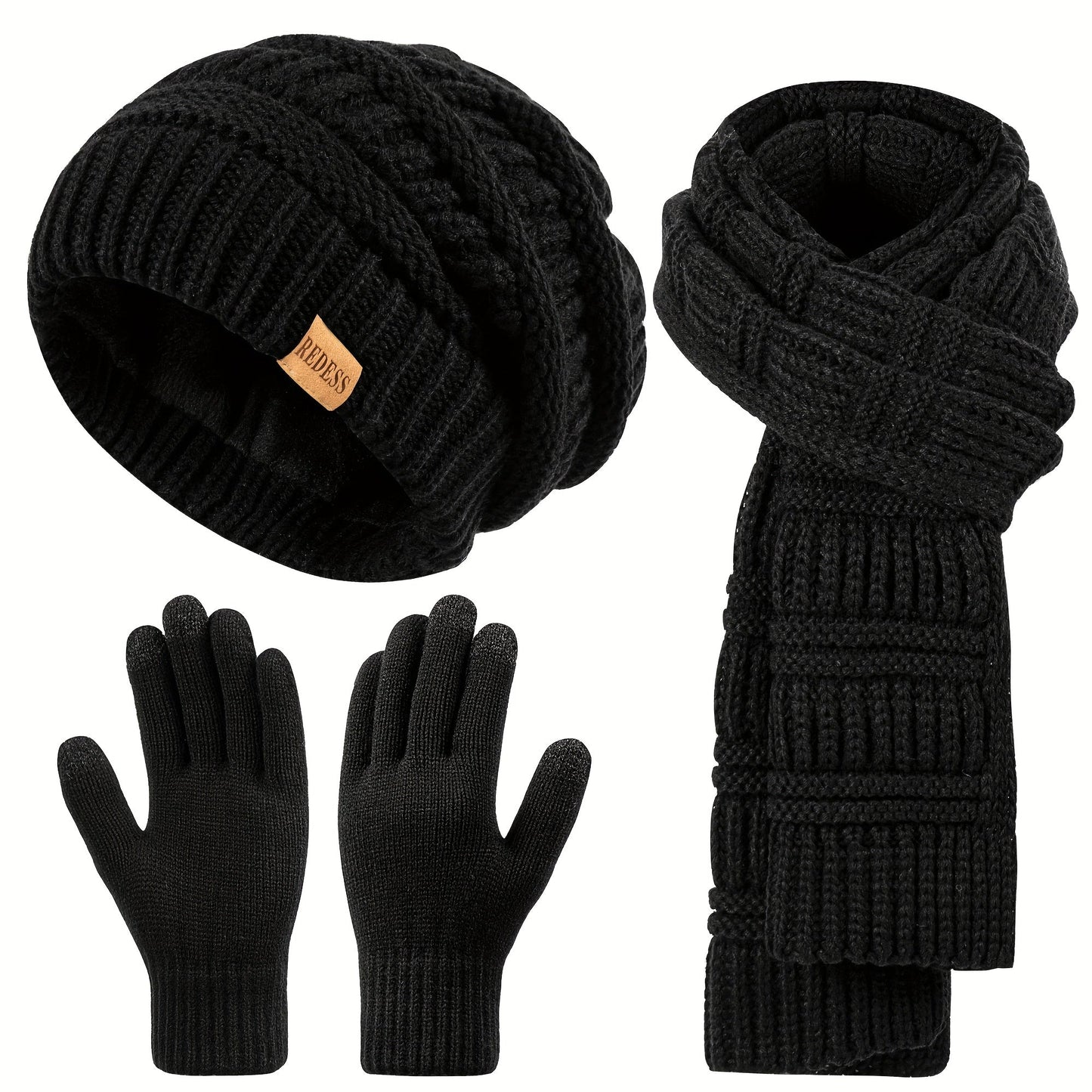 Women's 3-in-1 Winter Set Hat Long Scarf Touchscreen Gloves Soft Warm Cold Weather Accessories 4 Colors Gift for Her