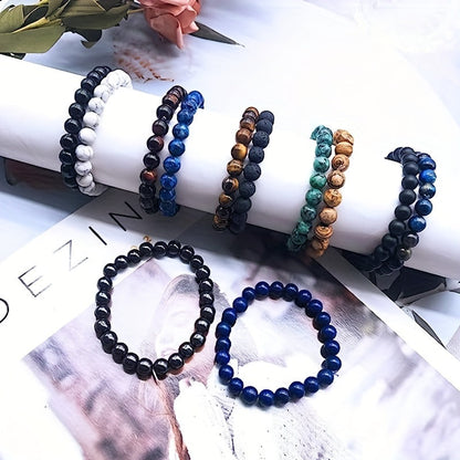 Natural Stone Beaded Bracelet Set 10pcs 8mm Round Elastic for Men Women - Boho Stackable Stretch Bracelets Unisex Healing Crystal Gemstone Wrist Jewelry for Festival, Birthday & Holiday Gift