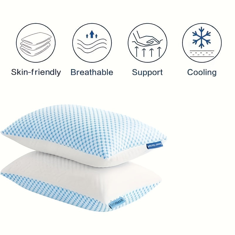 2-Pack Cooling Bed Pillows Hotel Quality Non-Collapsing Memory Foam Fill | Breathable Polyester Viscose Cover Machine Washable | Queen King Size | Side Back Stomach Sleepers | Down Alternative