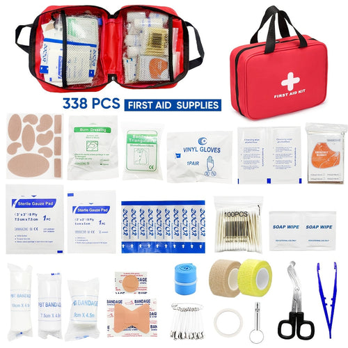 338-Piece First Aid Kit Waterproof Compact Trauma Medical Kit - Emergency Supplies for Home, Office, Car, Travel, Camping, Hiking & Boating, Red