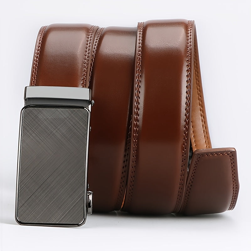 Men's Genuine Leather Ratchet Belt with American Flag Automatic Buckle – Adjustable Alloy Clasp in Black & Brown for Formal and Casual Wear