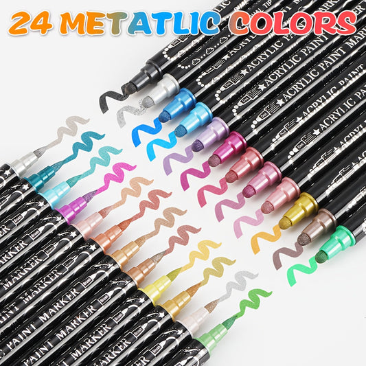 24 Metallic Acrylic Paint Markers Dual Tip – Brush Tip & Dot Tip Waterproof Permanent Paint Pens for Rock Painting, Ceramic, Wood, Canvas, Glass, Stone, Calligraphy & Card Making Crafts