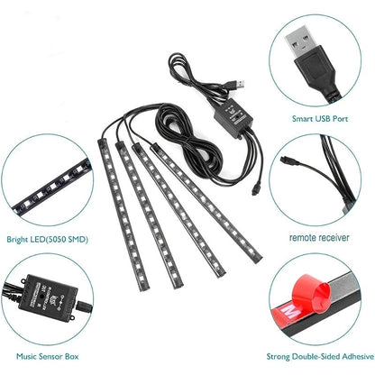 Car LED Neon Interior Light Strips USB Powered – High Brightness Automotive Ambient Lighting Kit, Foot Well Neon Accent Lights, Interior Mood Lights