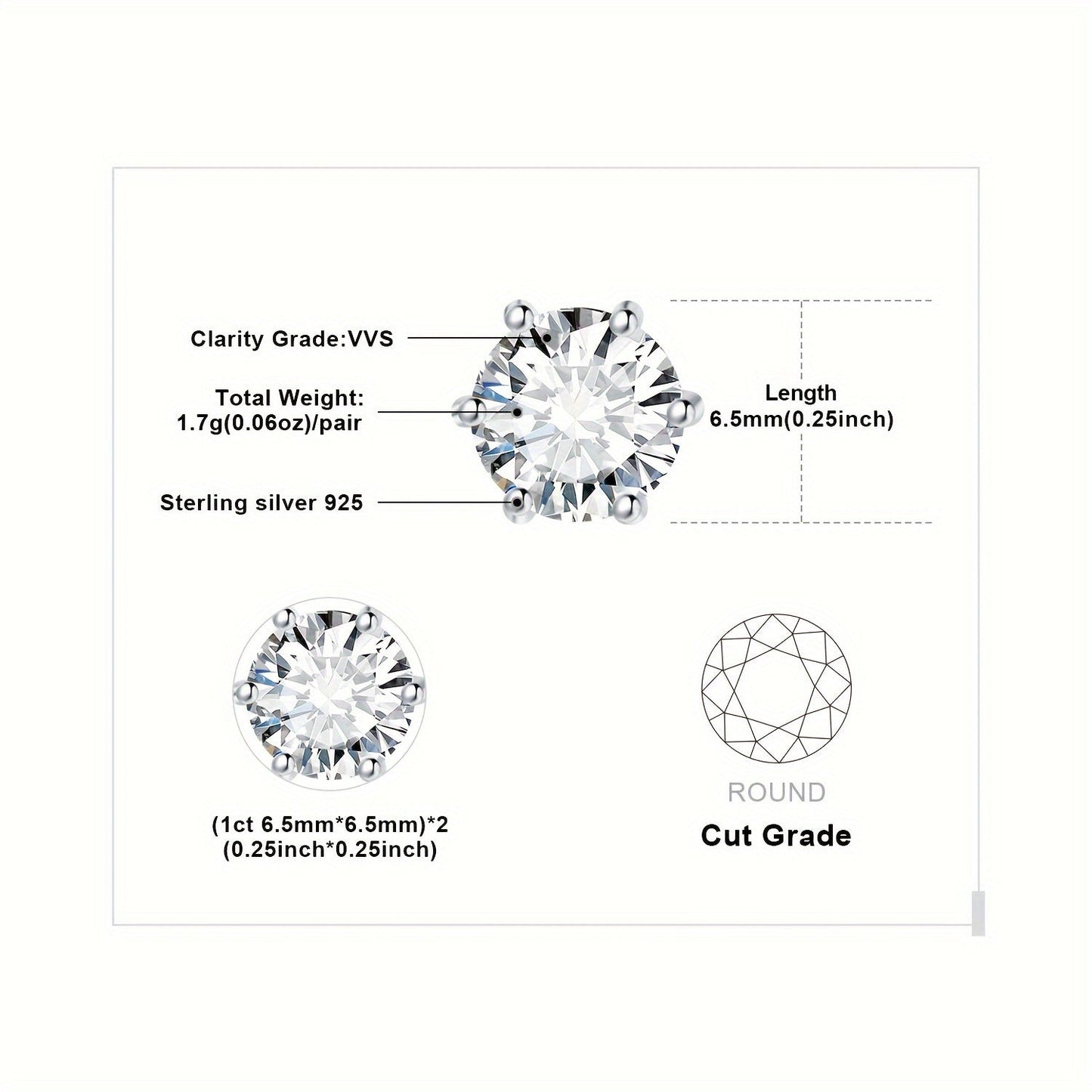 Moissanite Stud Earrings 925 Sterling Silver Round Cut Brilliant Sparkle 0.6ct to 6ct Platinum Plated Wedding Engagement Fine Jewelry for Women Girls Daily Prom Party