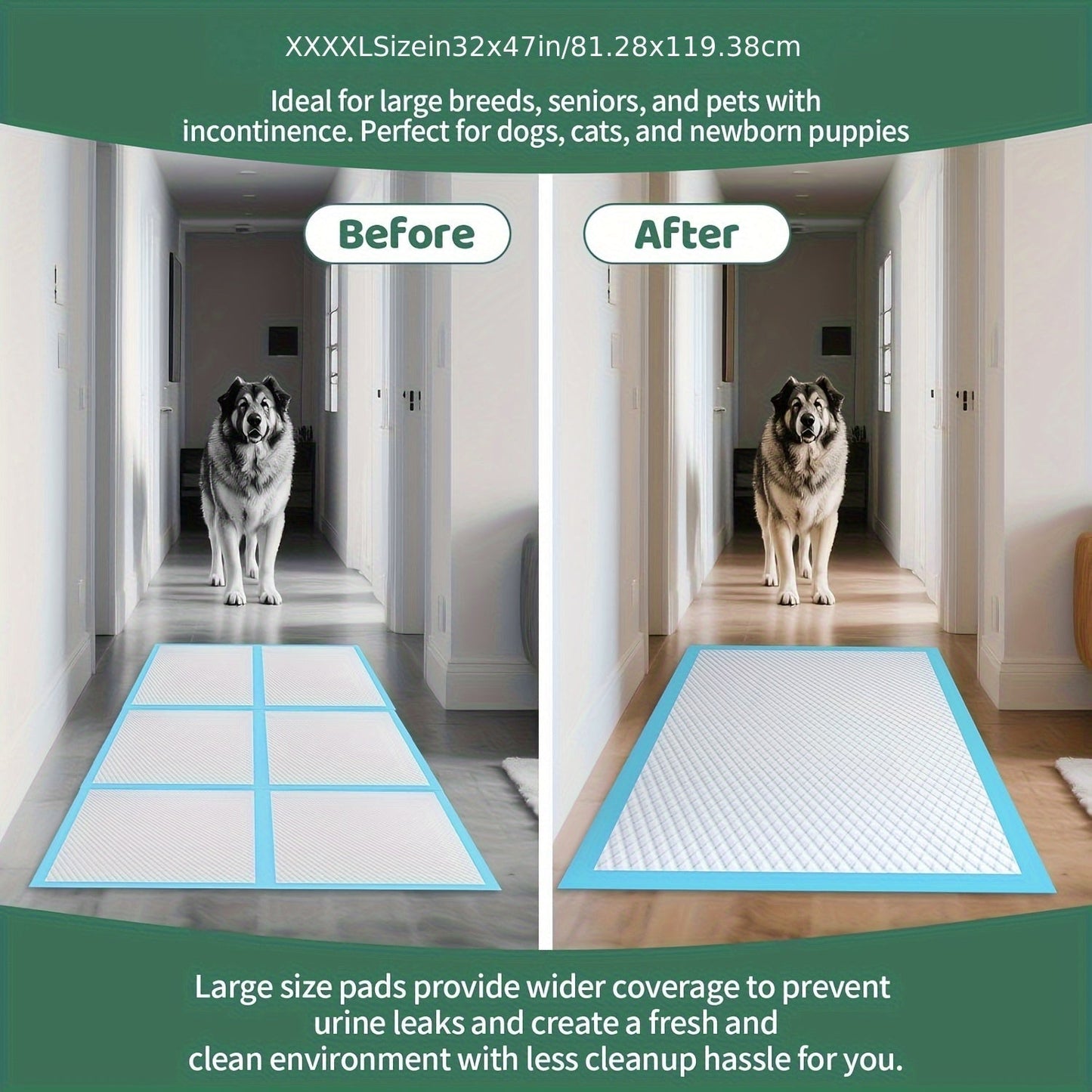 XXXL Dog Pee Pads Extra Large 8-Layer Super Absorbent Leak-Proof – Disposable Puppy Potty Pads for Cars Cages Sofas, Multiple Sizes 31x47 32x36 57x31 Inches