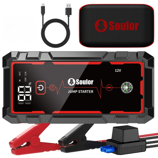 Portable Car Jump Starter 3000A-6000A – 12V Lithium Battery Booster Pack, Dual USB QC 3.0 Fast Charging Power Bank, LED Light & Compass, Fits All Gas Engines