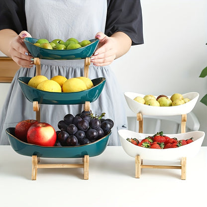 2-3 Tier Fruit Bowl Stand Kitchen Counter Organizer | Tiered Fruit Basket Bread Tray Candy Display | Space-Saving Countertop Storage | Easy Assembly | White Green | Birthday Housewarming Gift