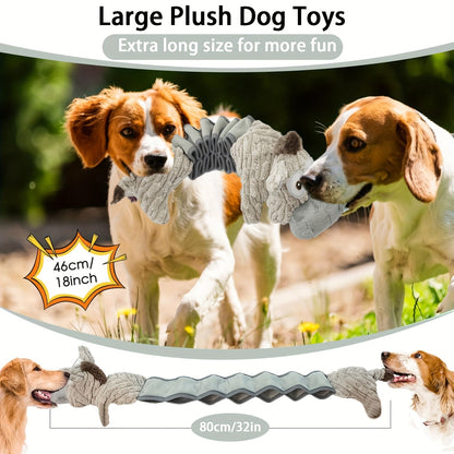 Elastic Stretch Donkey Plush Squeaky Dog Toy – Durable Tug & Chew Toy for Small, Medium & Large Dogs, Textured Spikes, No Batteries Required, Soft Gray & White Animal Design