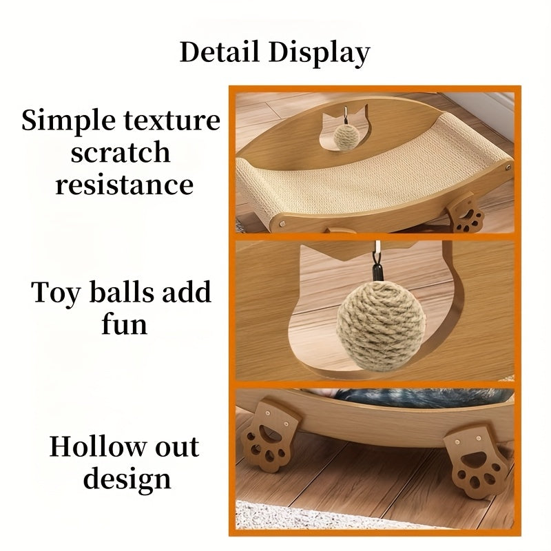 Natural Sisal Cat Scratcher Lounge Chair with Hanging Ball Toy – Solid Wood Curved Cat Bed Scratching Pad, Anti-Scratch Kitty Sofa, Furniture Protector for Indoor Cats