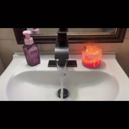 Waterfall Bathroom Sink Faucet Single Handle Hot & Cold - Universal 1 or 3 Hole Countertop Mount, RV Vanity Faucet with Water Supply Hose, Modern Design in Black, Black Gold & Silver